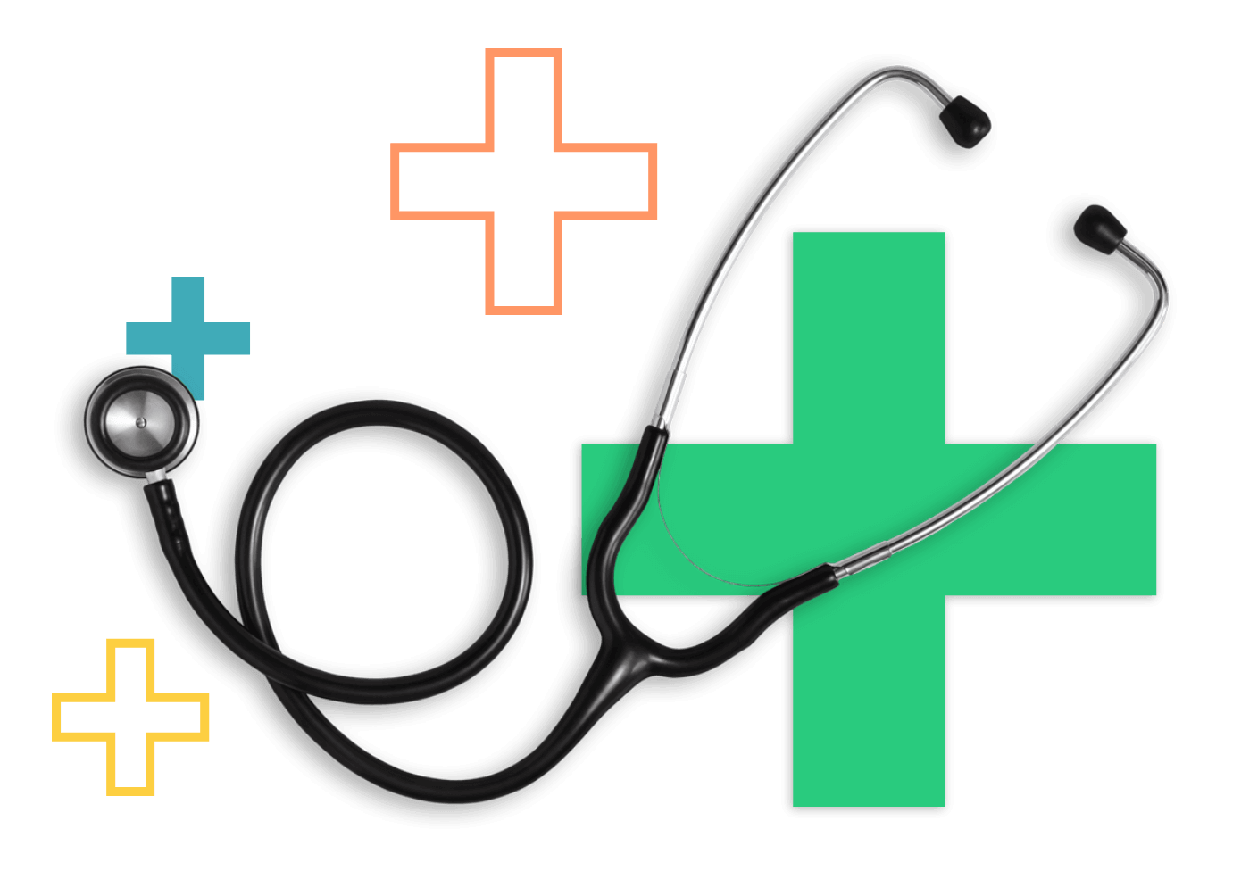 stethoscope overlaid over colorful cross icons
